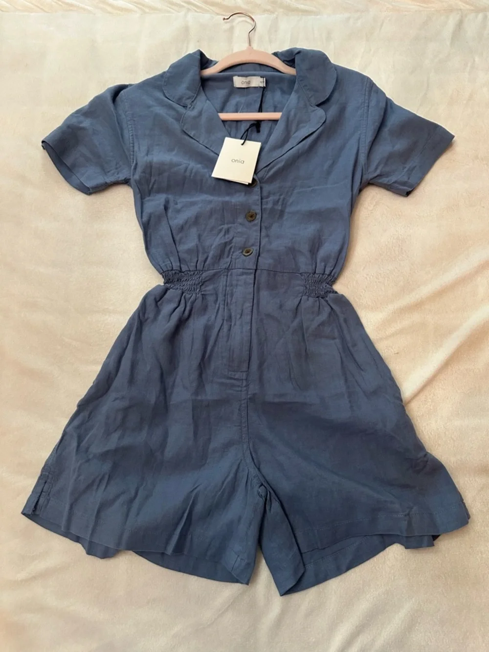 New! Onia Denim Blue Camp Collar Linen Playsuit Romper XS NWT 38620
